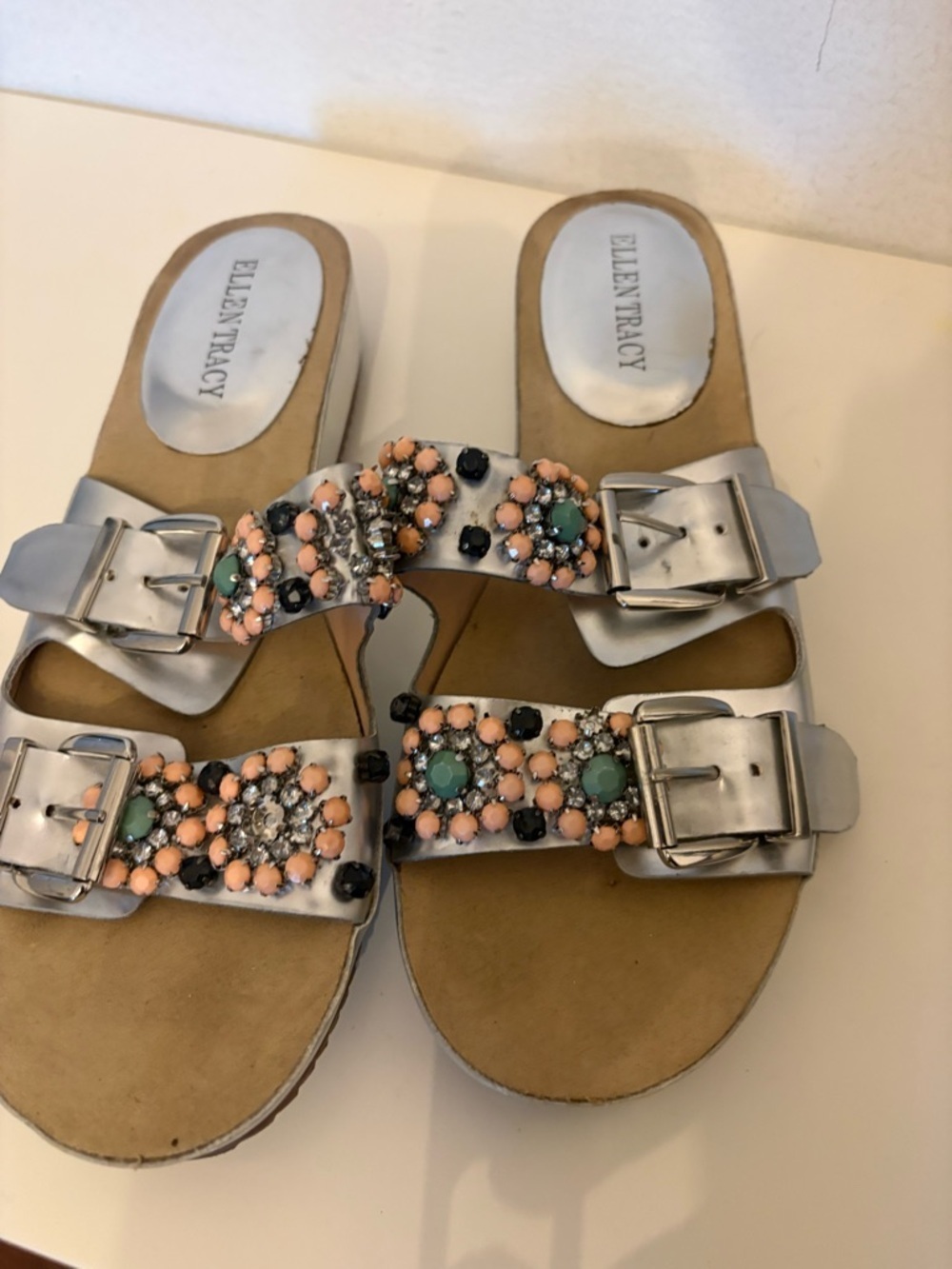 Ellen Tracy Silver Slide Sandals with Peach & Green Bead Accents